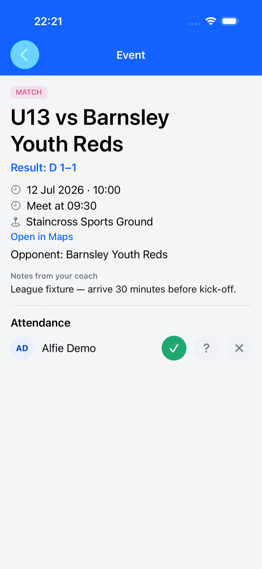 A match page in the Playlee app with kick-off, meet time, the ground and one-tap attendance