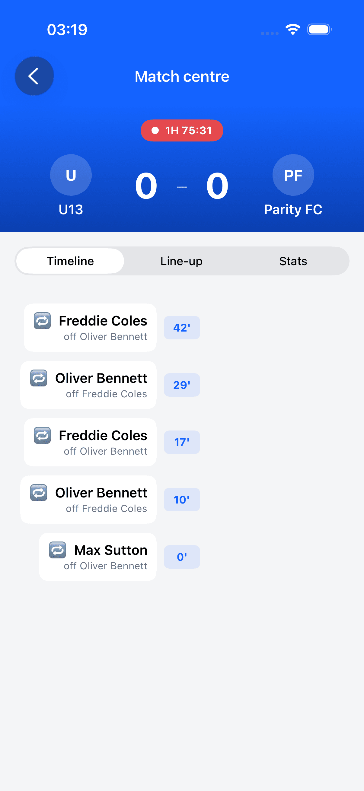 The live match centre with scoreboard, match clock and a timeline of goals and substitutions