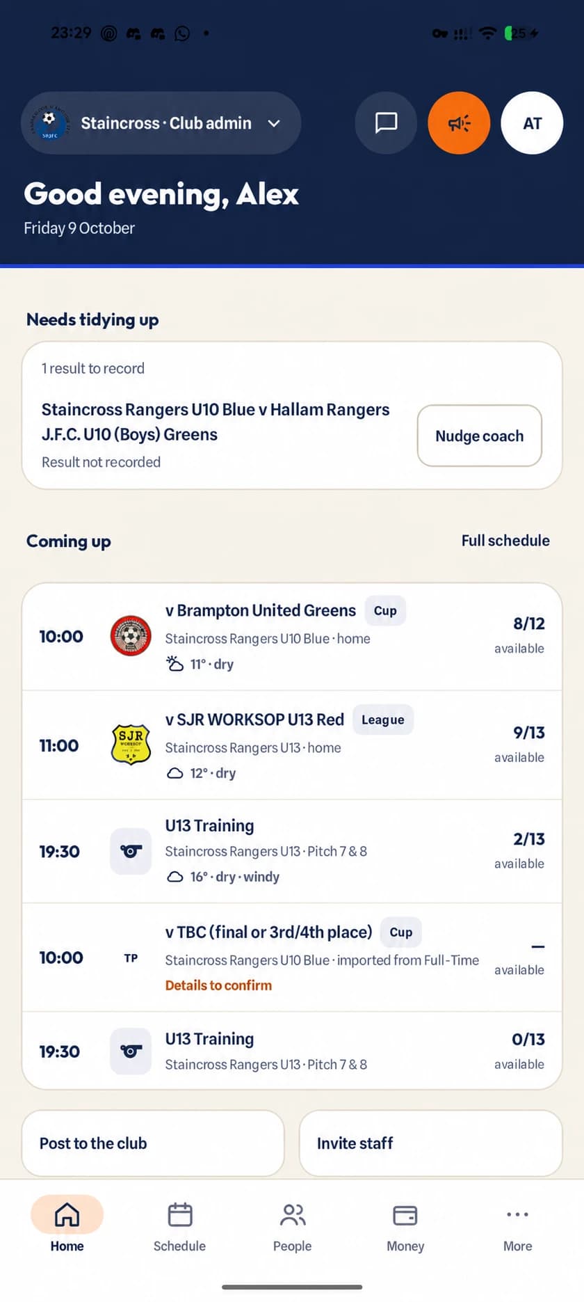 Club admin home showing upcoming fixtures across teams and actions for the committee