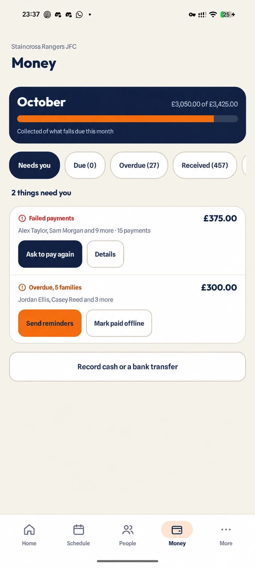 Club finance overview showing collection progress, payment reminders and offline payment recording