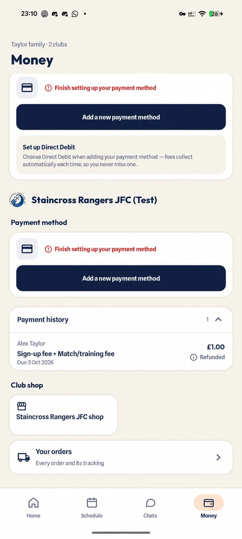 Family Money screen with payment methods and an expanded payment history entry