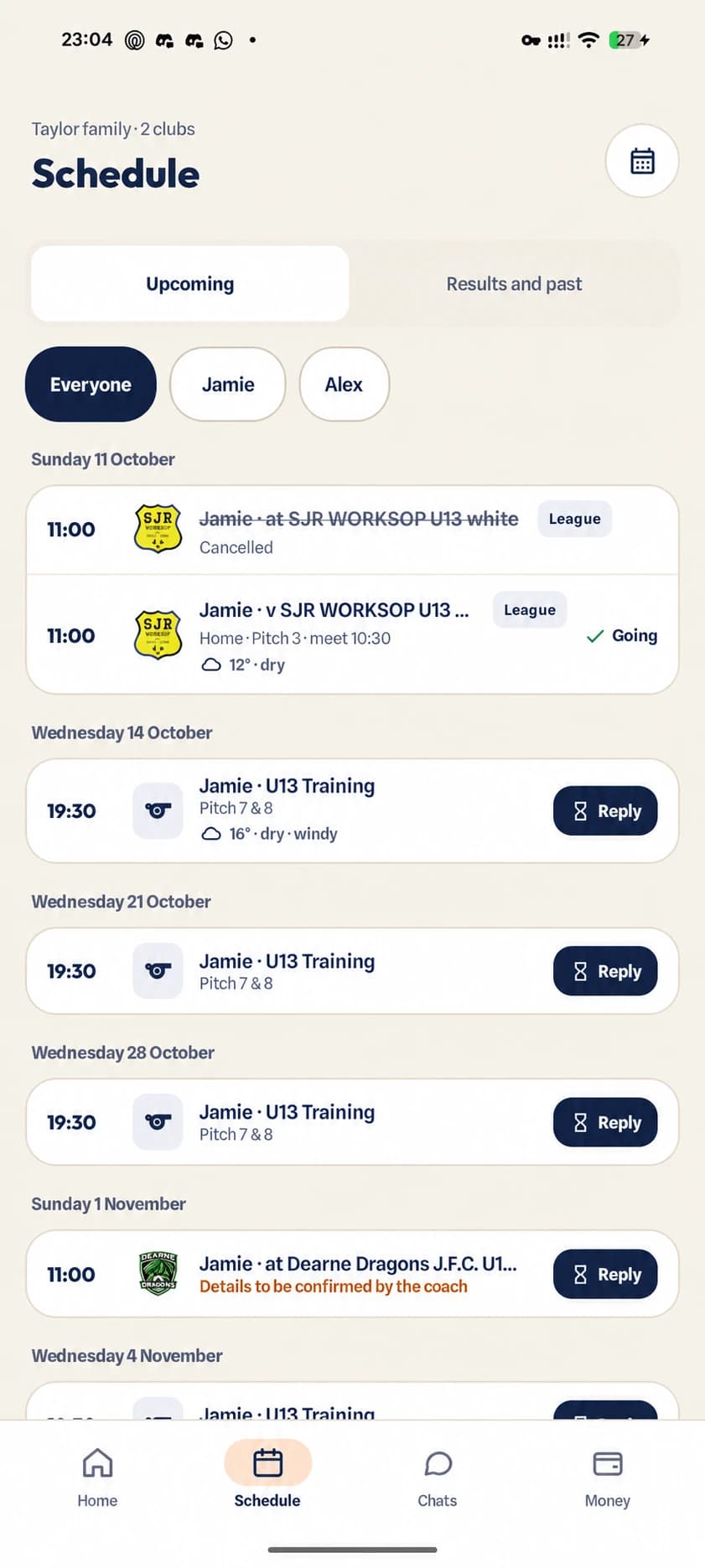 Family schedule showing upcoming fixtures and training for each child