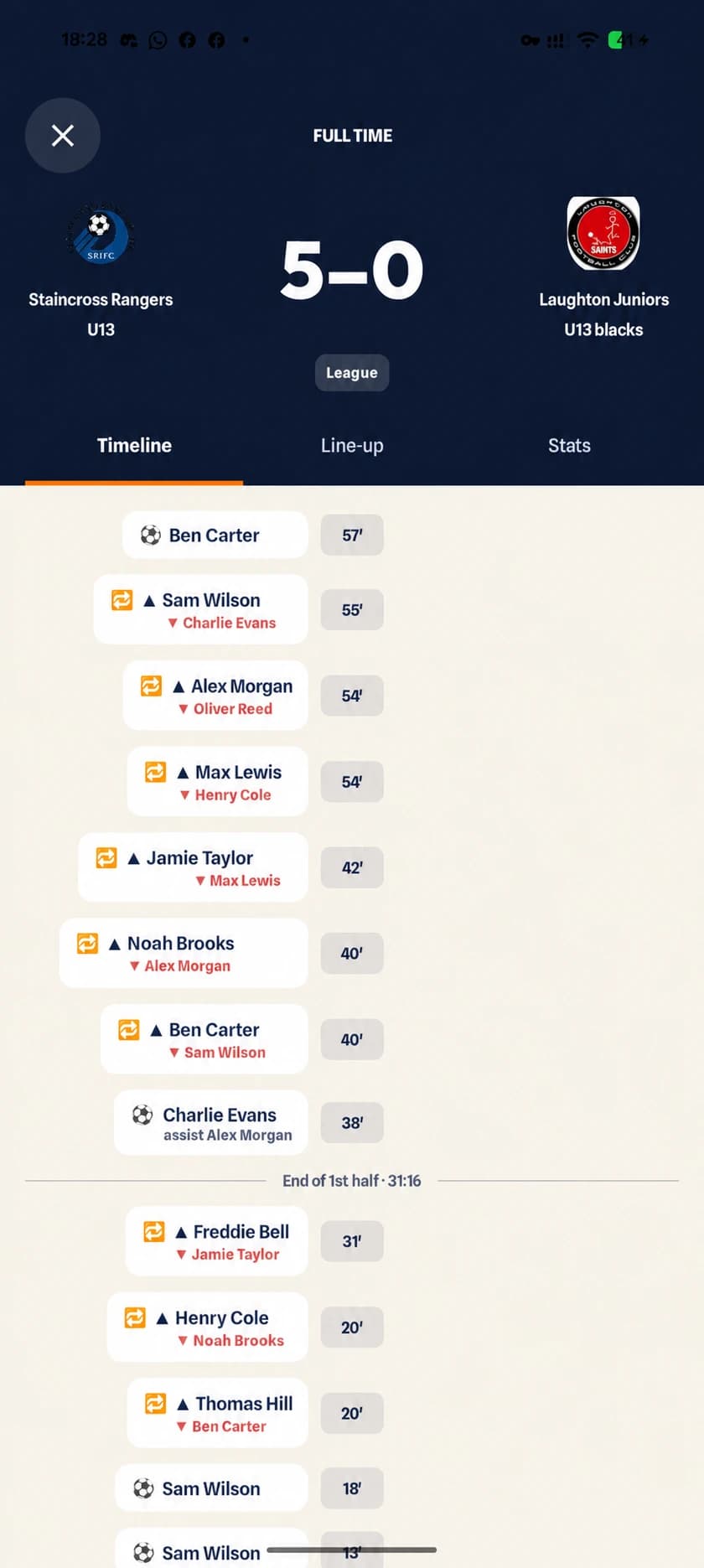 Android parent match center showing the score and match timeline