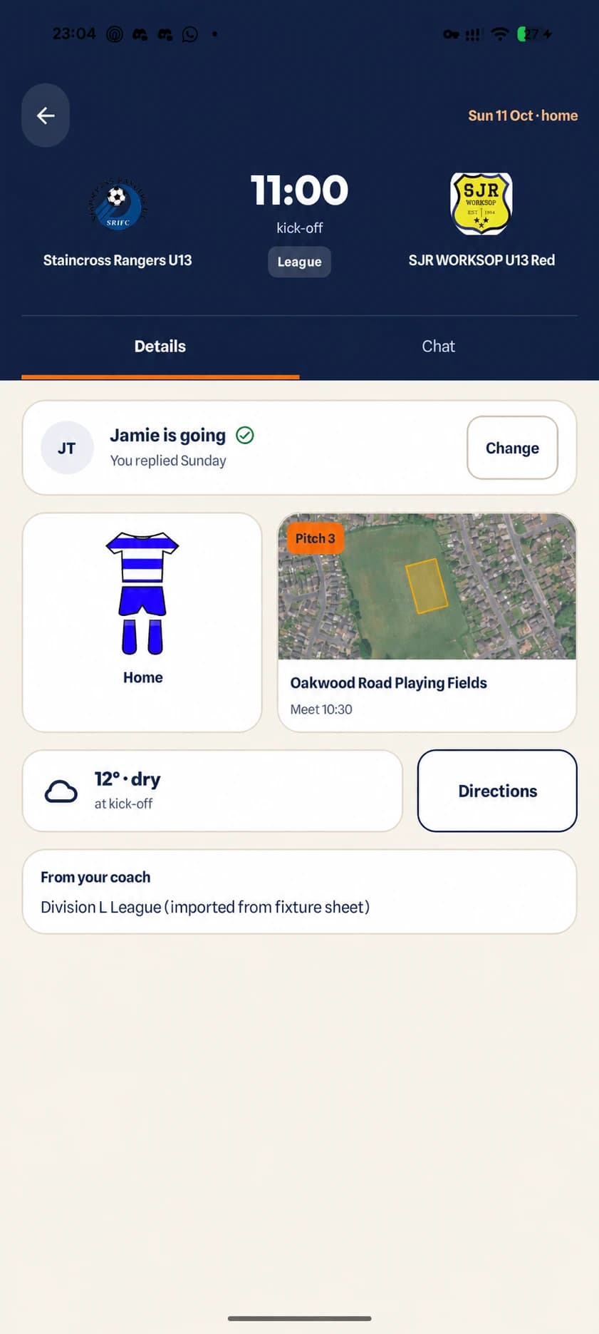 Android fixture detail showing kit, pitch and satellite location