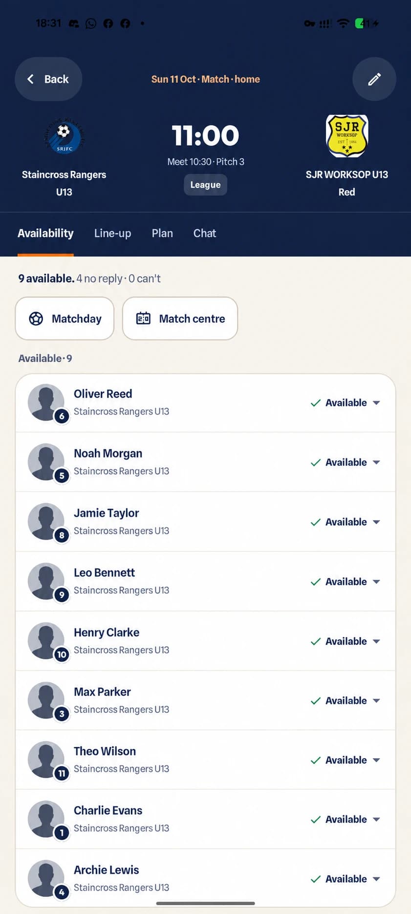 Playlee team availability showing player responses for upcoming activity