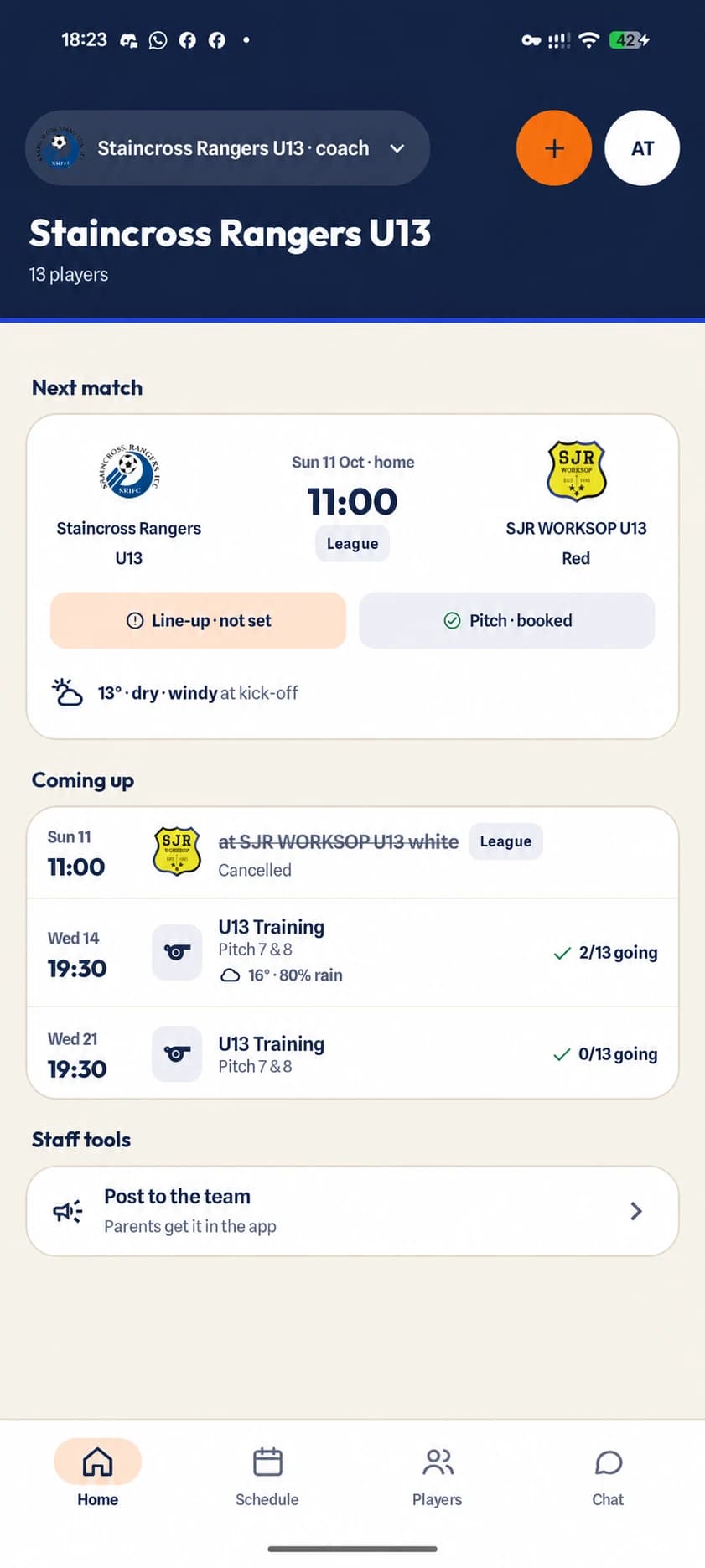 Coach team home showing the next match, lineup status and upcoming training