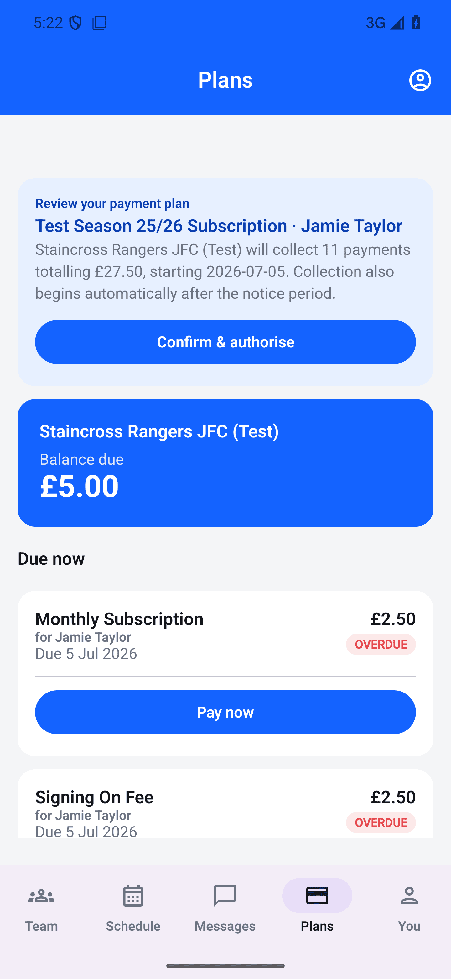 Android family payment plan screen showing plans for one player