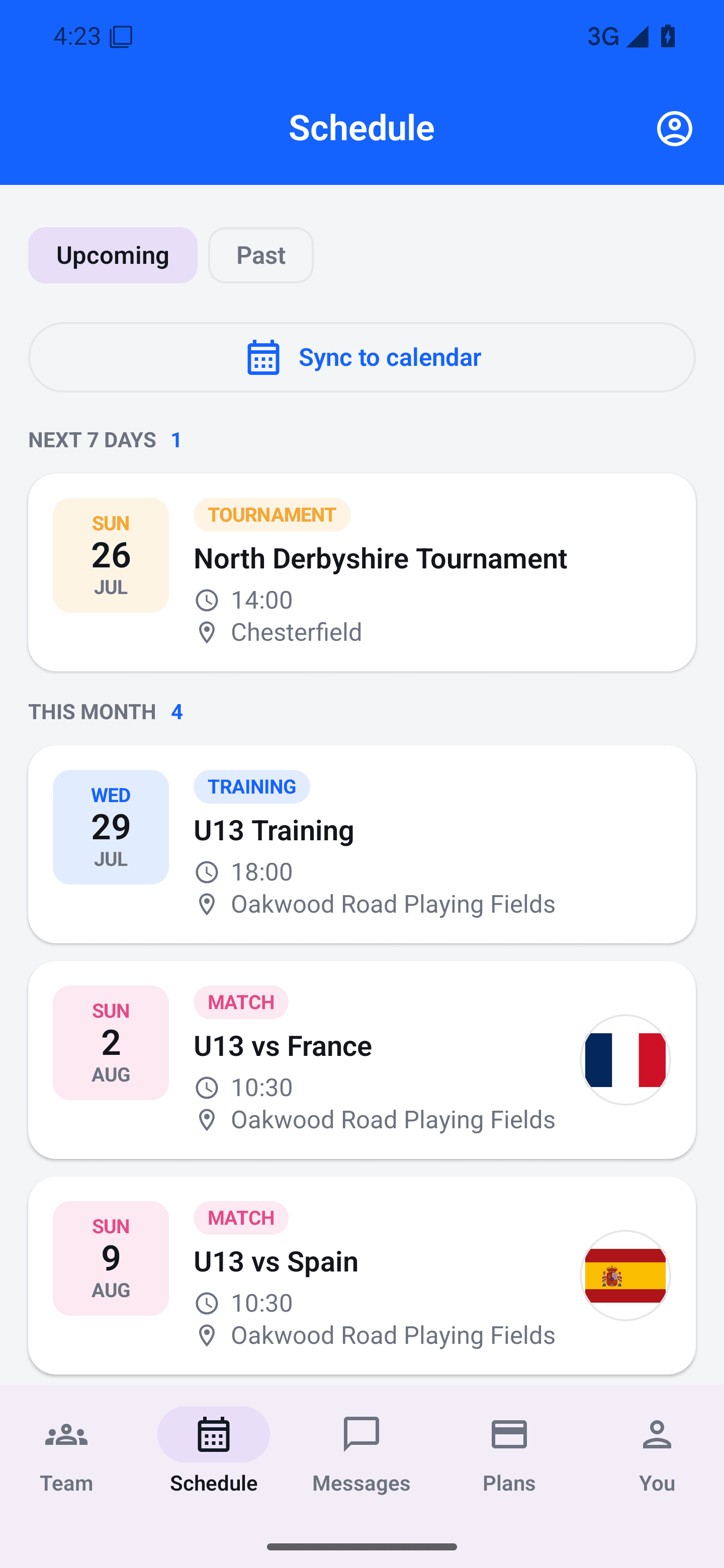 Android family schedule showing upcoming club events