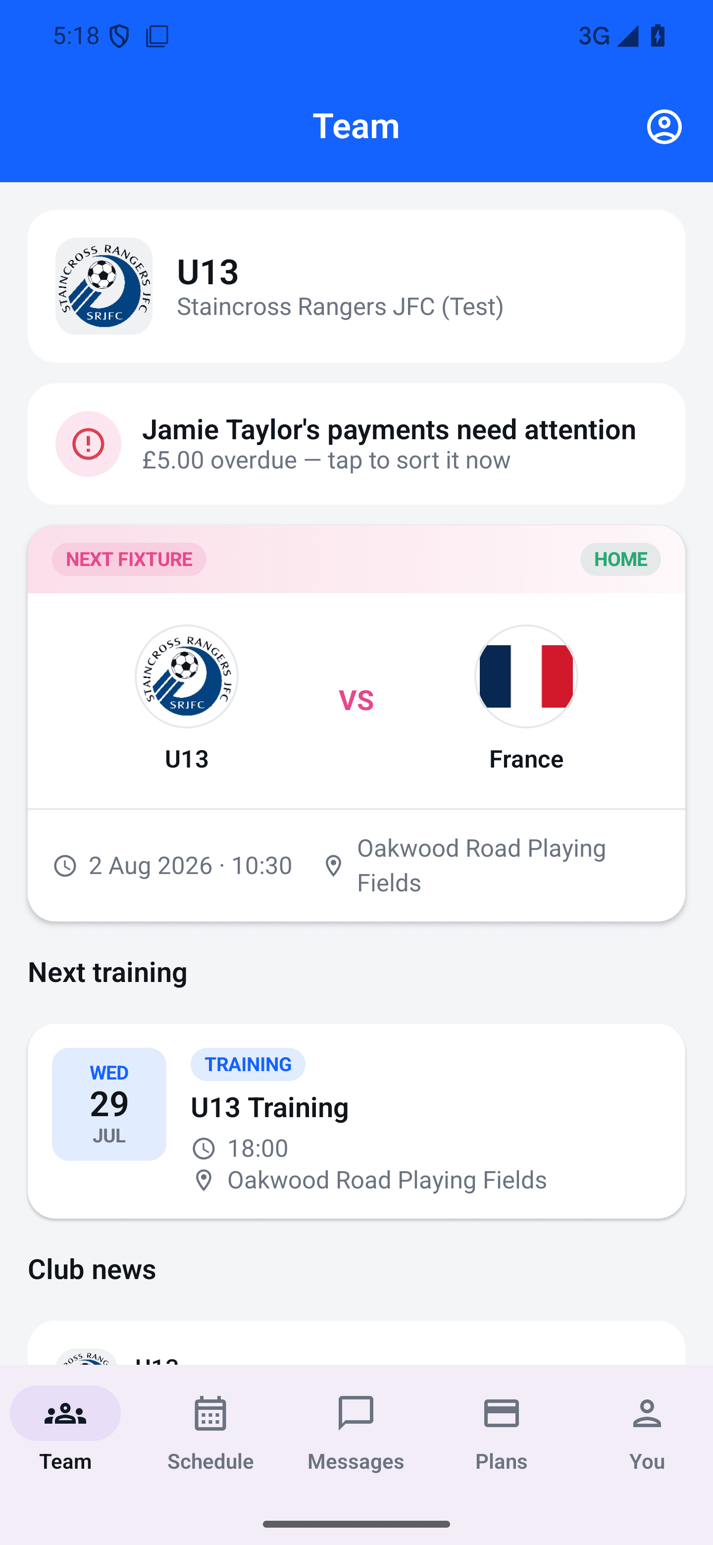 Android family team screen showing a club team and its next fixture
