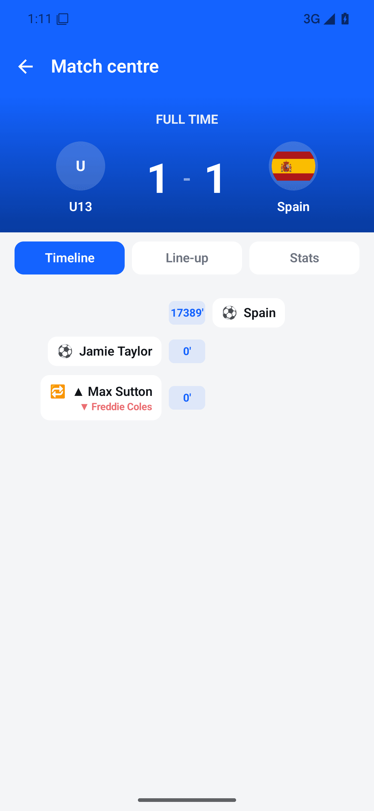 Android parent match centre showing the score and match events