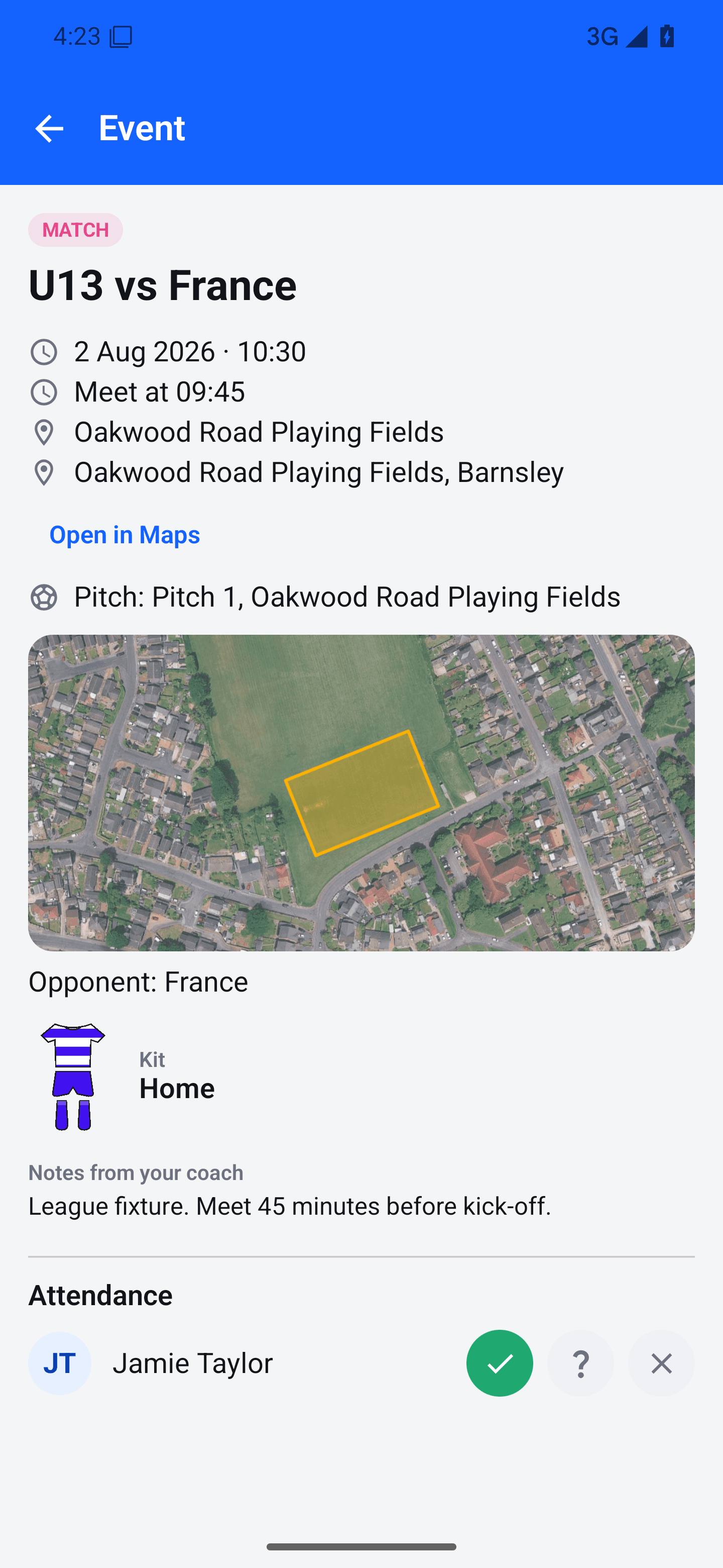 Android fixture detail showing kit, pitch and match location