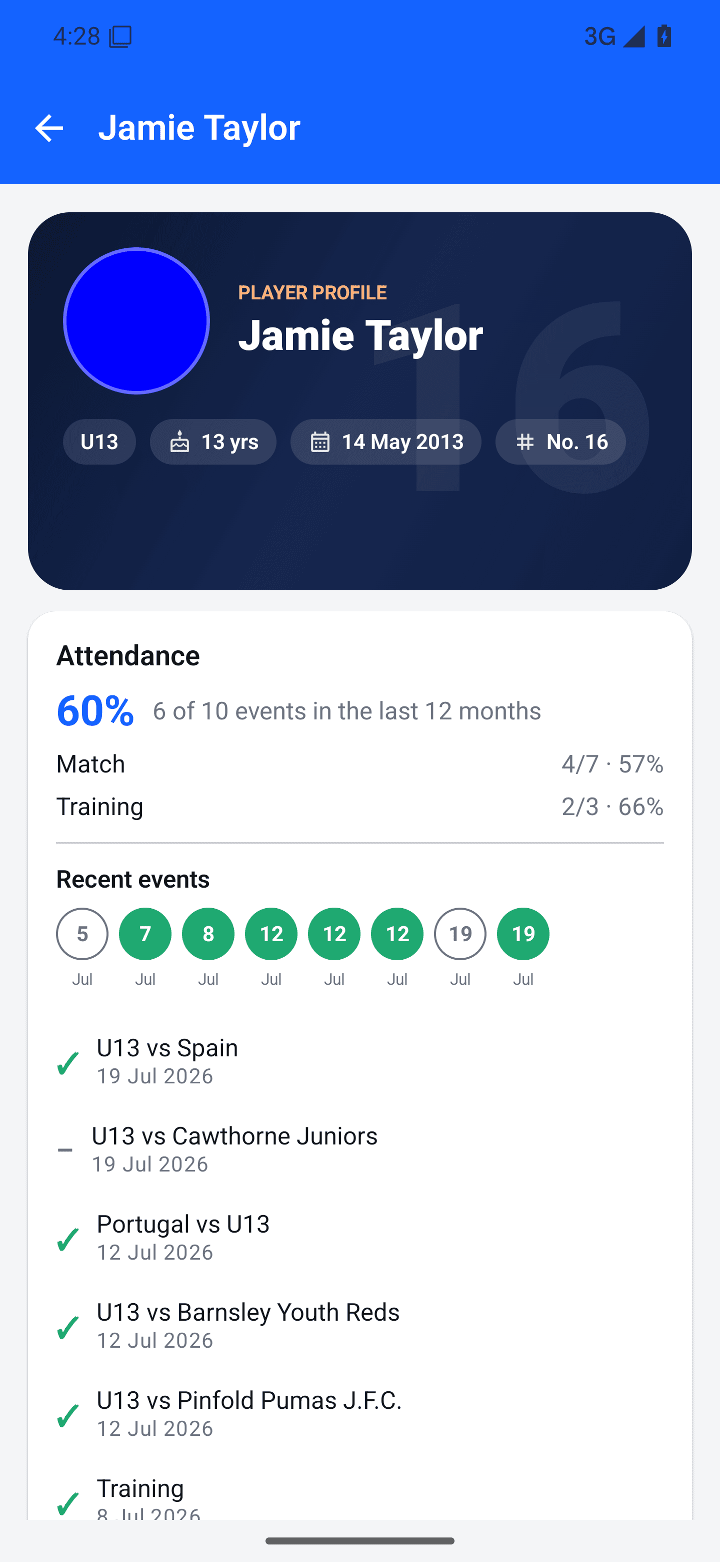 Android player profile showing the information held for one child