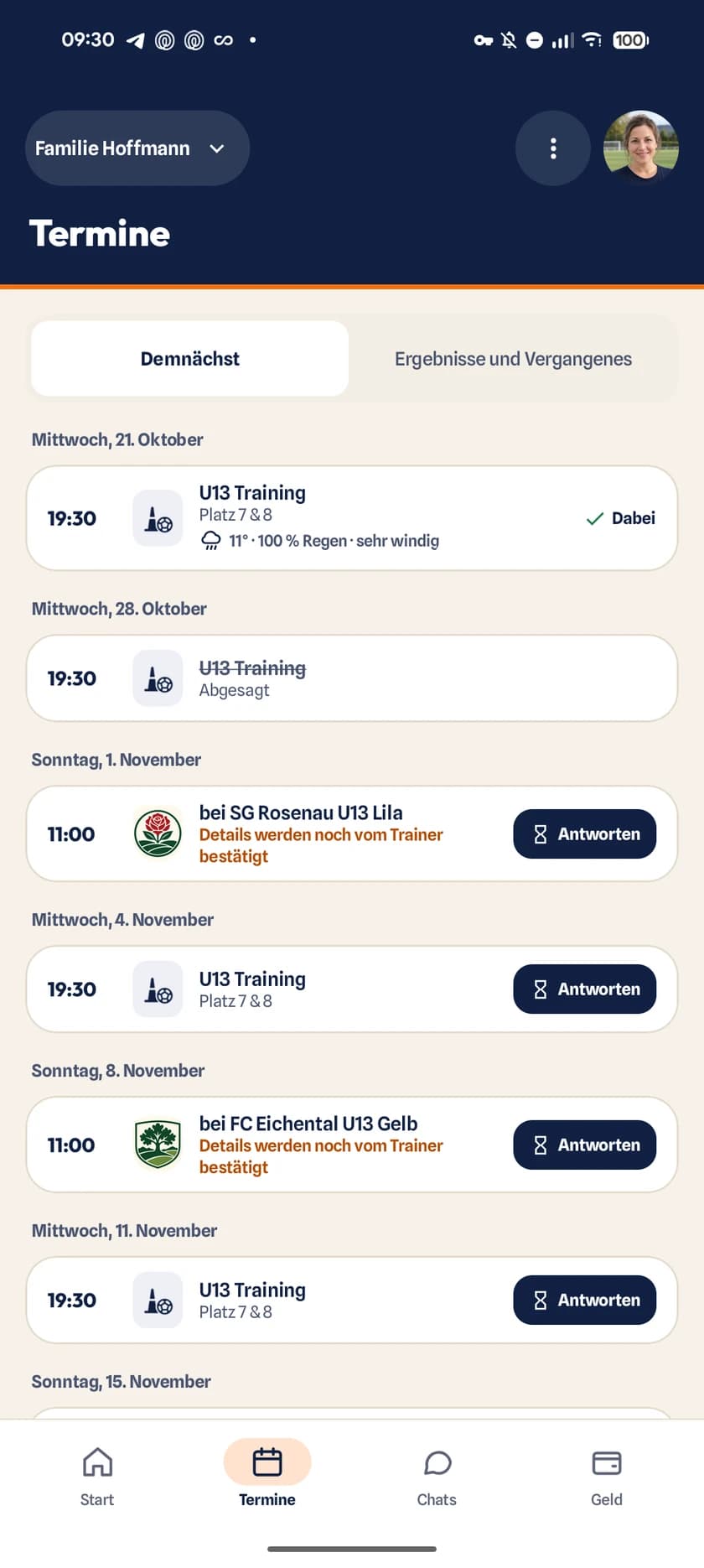 Familienkalender mit anstehenden Spielen und Trainings für jedes Kind