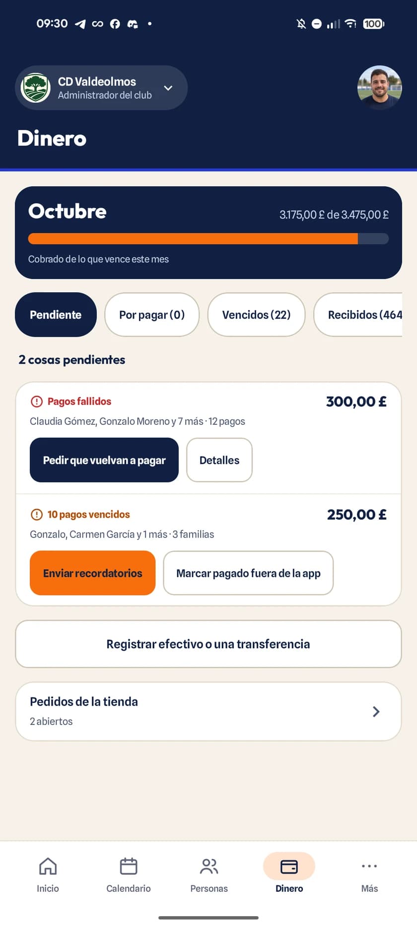 Resumen financiero del club con el progreso de cobros, recordatorios de pago y registro de pagos offline