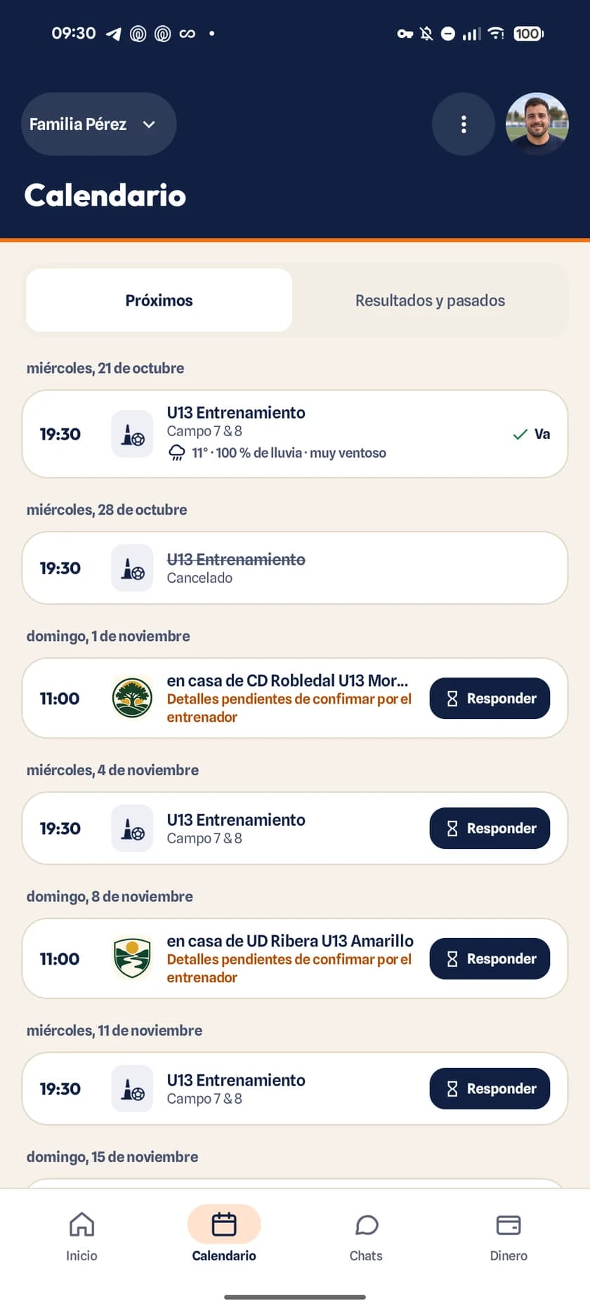 Calendario familiar con los próximos partidos y entrenamientos de cada hijo