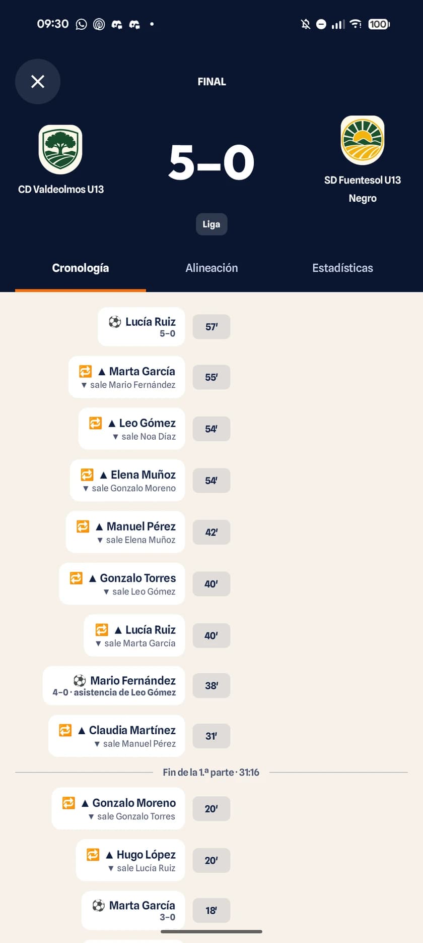 Centro del partido para padres en Android con el marcador y los eventos del partido