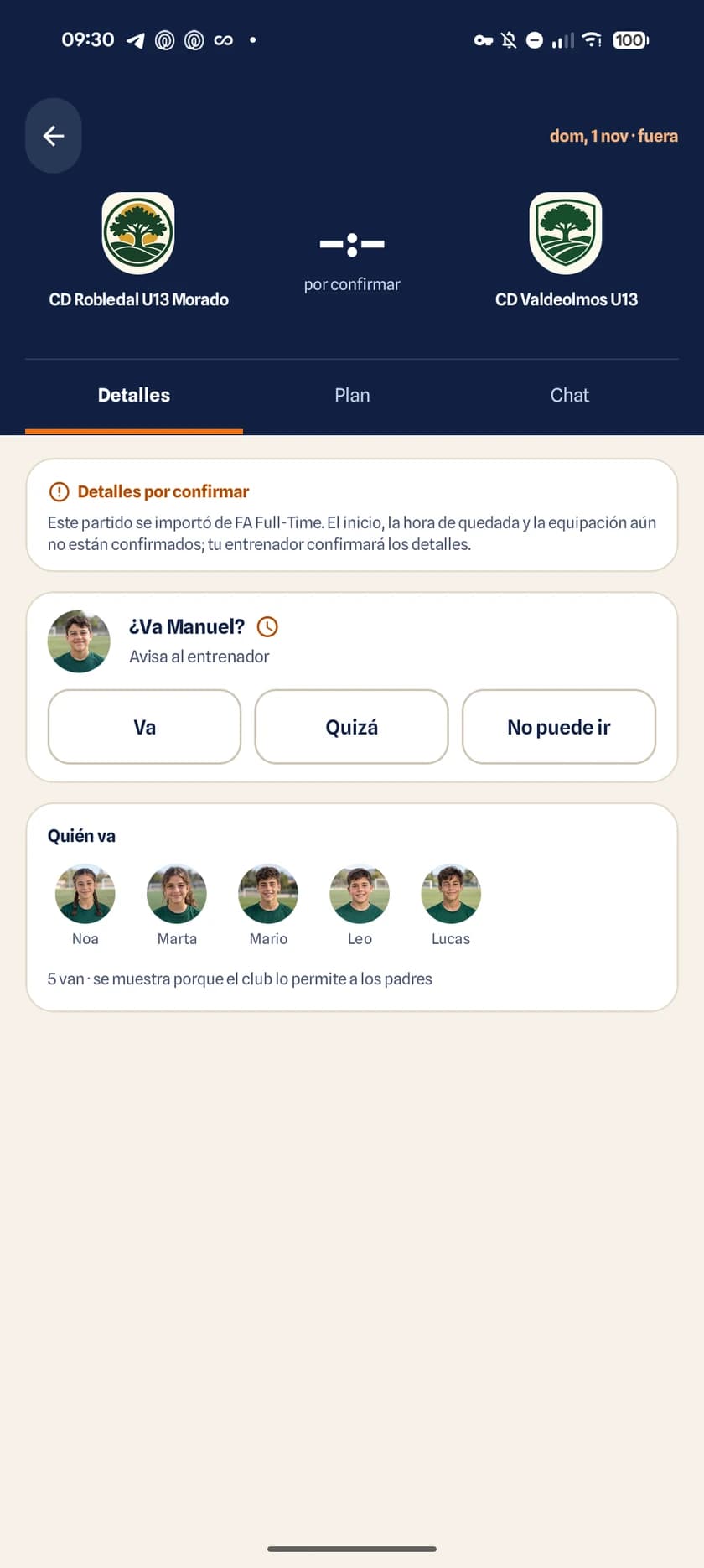 Detalle del partido para las familias con la equipación, la hora de quedada y el mapa del campo por satélite