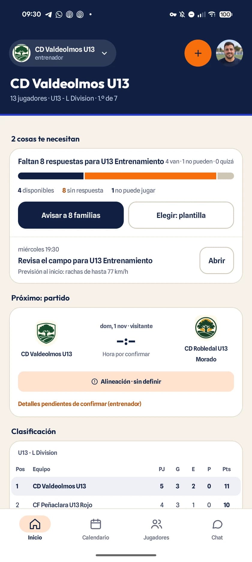 Inicio del equipo para el entrenador con el próximo partido, el estado de la alineación, la reserva del campo y los próximos entrenamientos