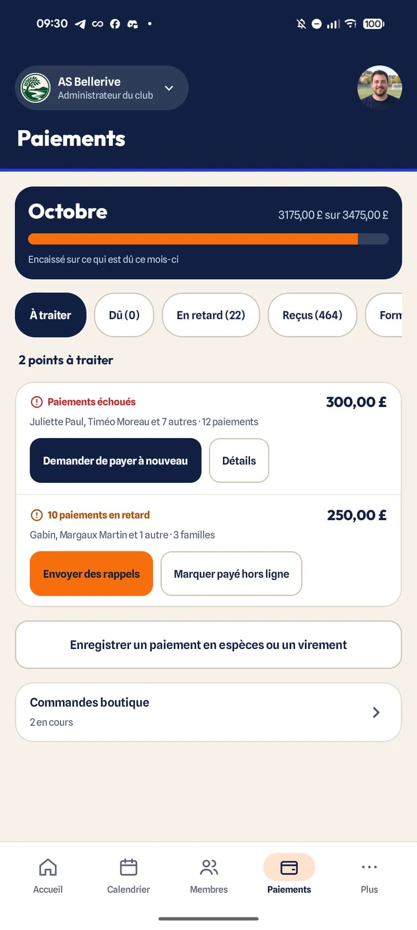 Vue d’ensemble des finances du club, avec l’avancement des encaissements, les relances de paiement et l’enregistrement des paiements hors ligne