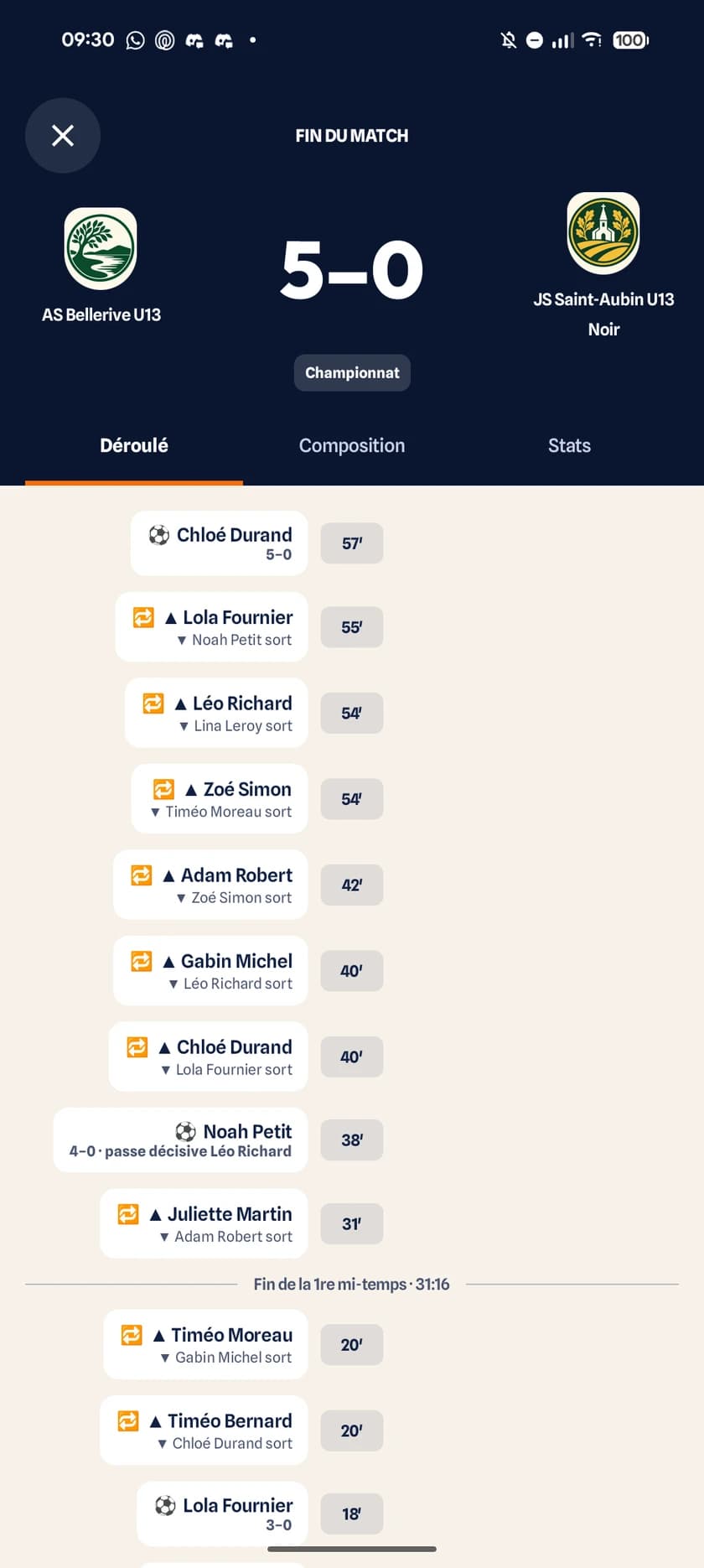 Centre de match parent sur Android, avec le score et les faits de jeu