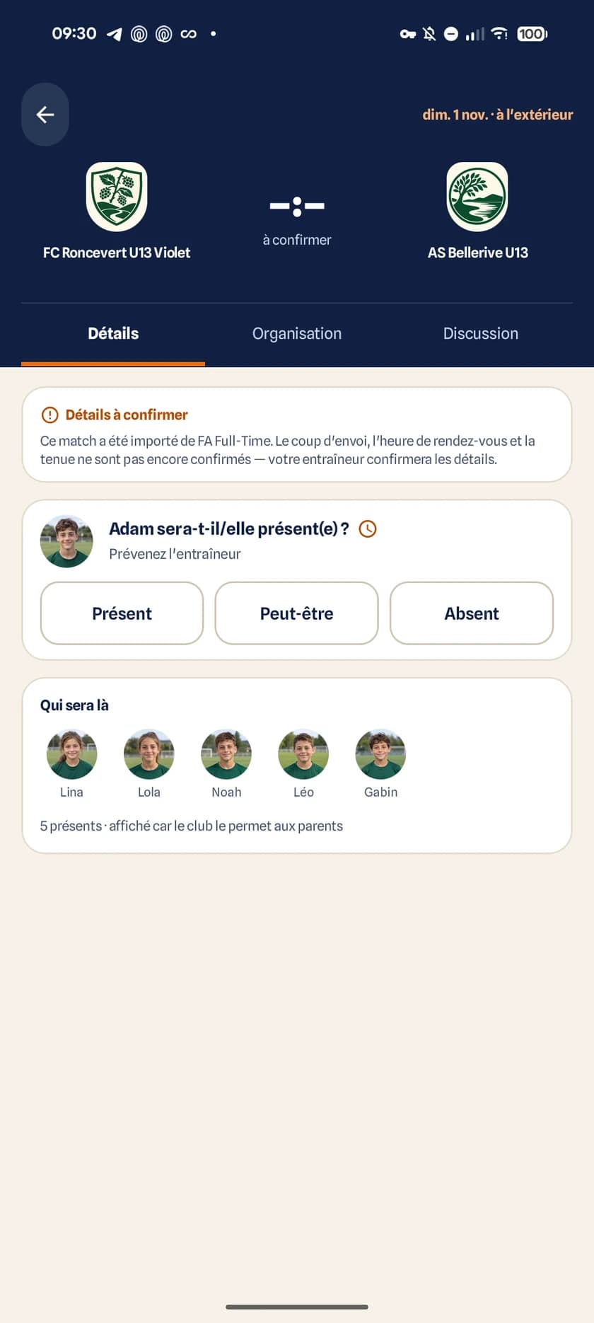 Détail d’une rencontre côté parent avec la tenue, l’heure de rendez-vous et le plan satellite du terrain