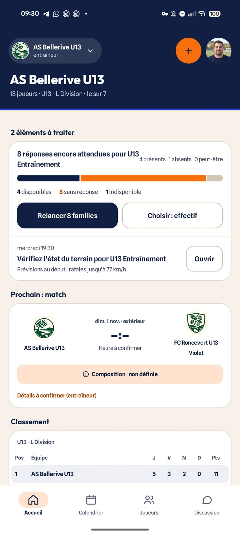 Accueil de l’équipe côté entraîneur, avec le prochain match, l’état de la composition, la réservation de terrain et les prochains entraînements