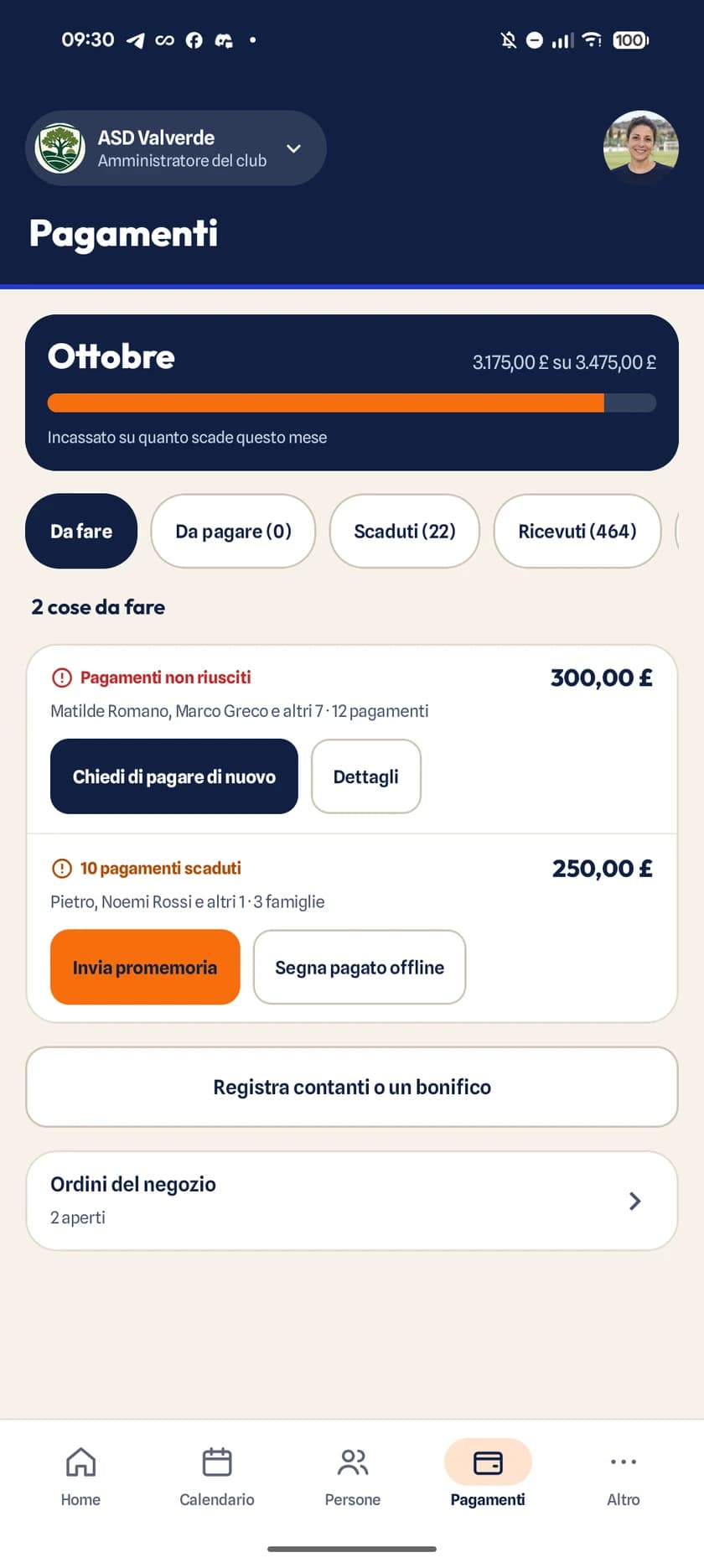 Panoramica finanziaria del club con avanzamento degli incassi, promemoria di pagamento e registrazione dei pagamenti offline