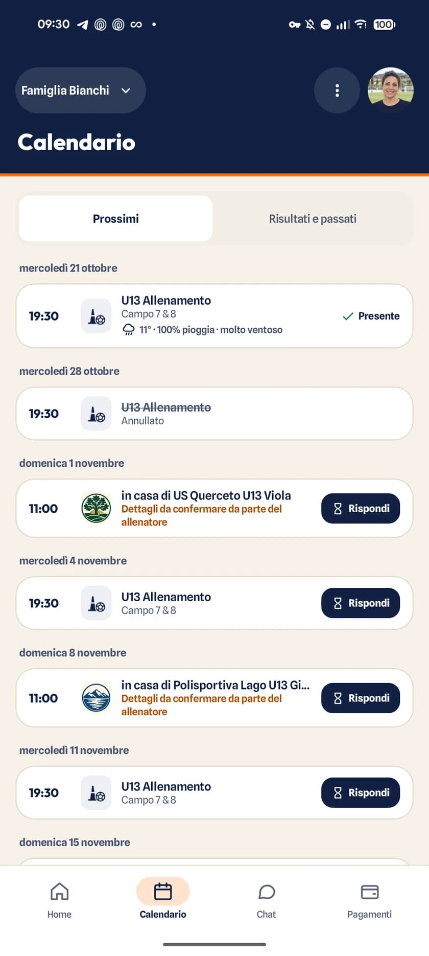 Calendario di famiglia con le prossime partite e gli allenamenti di ogni figlio