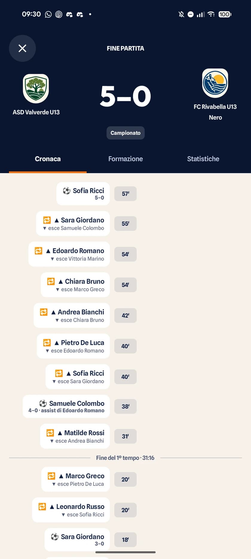Centro partita per i genitori su Android con punteggio ed eventi della gara