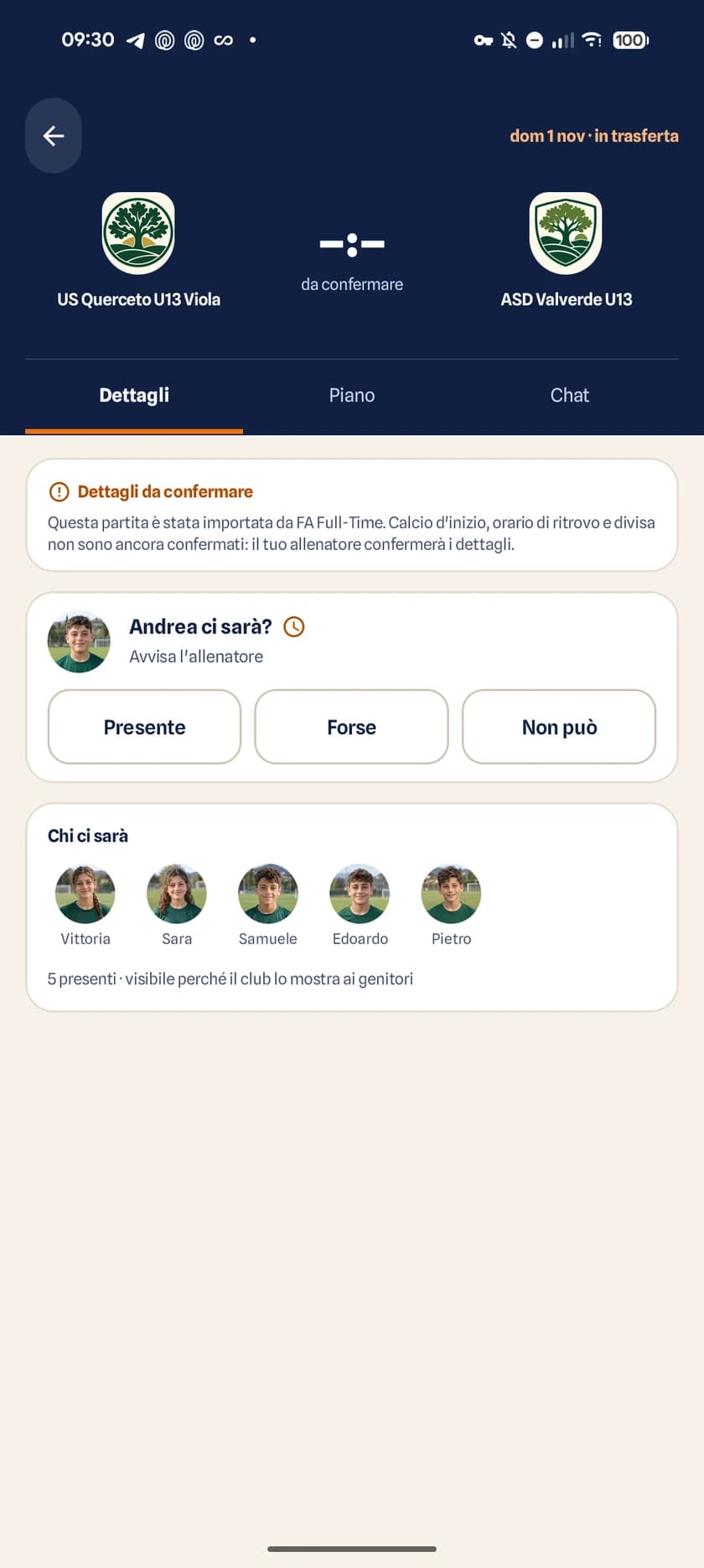 Dettaglio partita su Android con calcio d'inizio, orario di ritrovo, divisa, campo e mappa satellitare