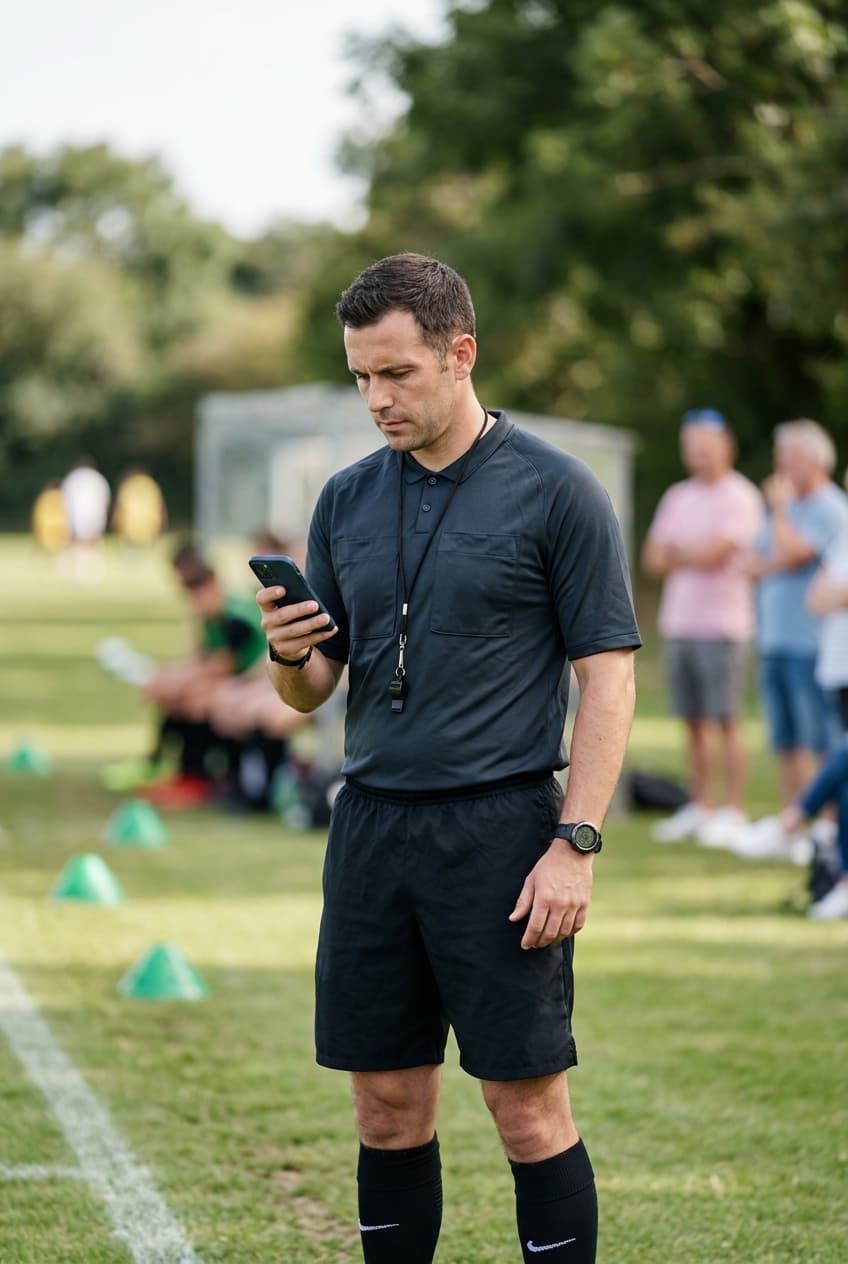 Referee using a smartphone on the touchline