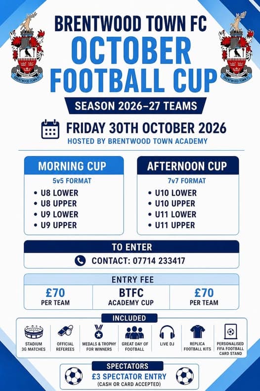 Brentwood Town FC October Football Cup flyer