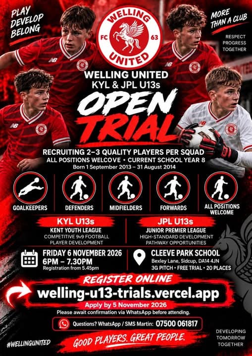 Welling United KYL & JPL U13s Open Trial listing