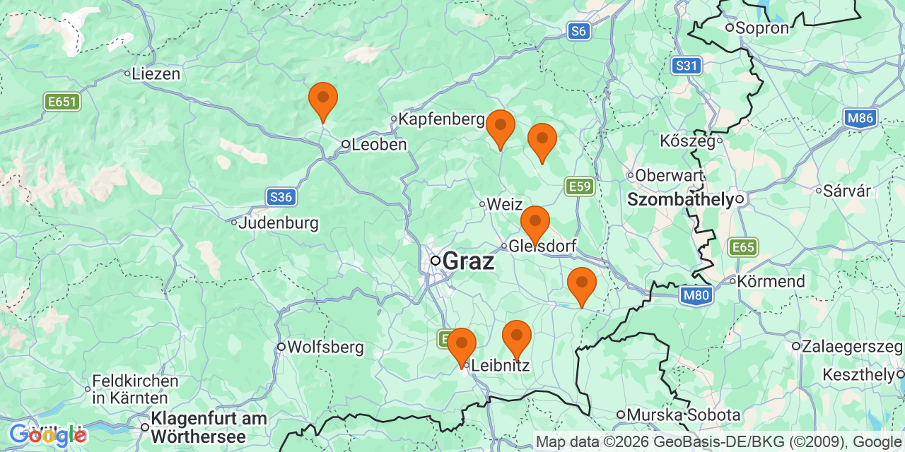 Karte der Spielorte: Fußballturniere U14 in Steiermark
