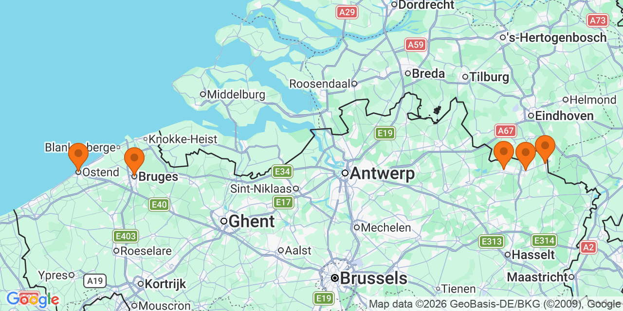 Kaart met de locaties: Voetbaltornooien U15 in Flanders