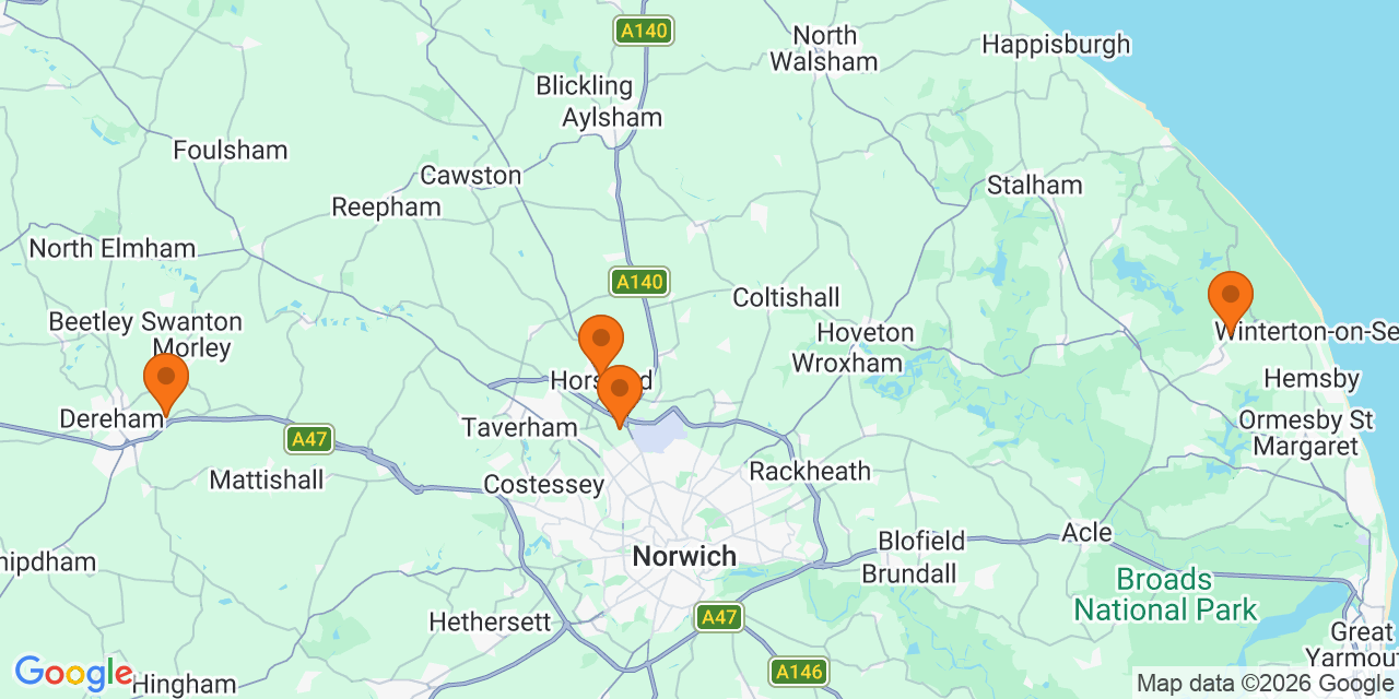 Map of the venues for U13 football tournaments in Norfolk
