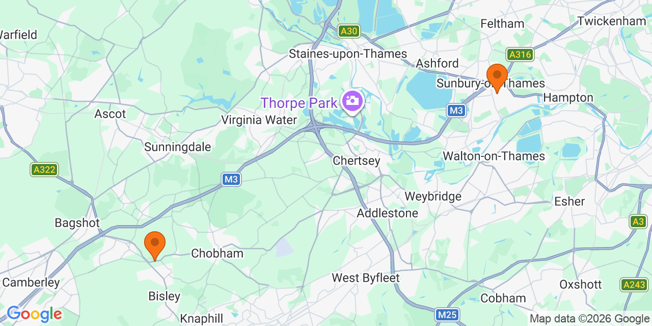 Map of the venues for U13 football tournaments in Surrey