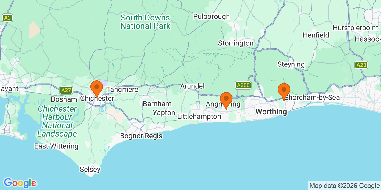 Map of the venues for U7 football tournaments in West Sussex
